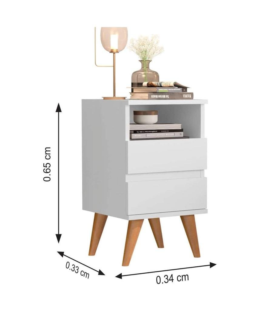 Kit Mesa de cabeceira Retrô 2 Gavetas Pés Palito Em Madeira Maciça - Pop - - Branco - 4