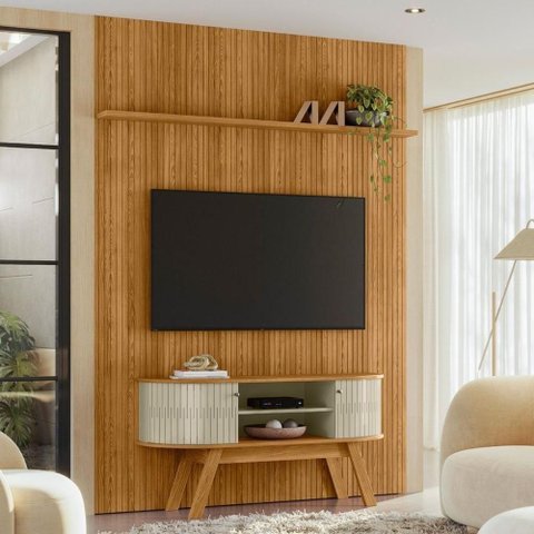 Conjunto New Estoril Painel com Prateleira Aparador Rack Cumaru/opala