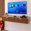 Ver imagem 1 de Rack Suspenso 1.20 Home Tv 42" Bancada Flutuante 2 Porta Puxador Concha Sala Quarto Fendi/ripado