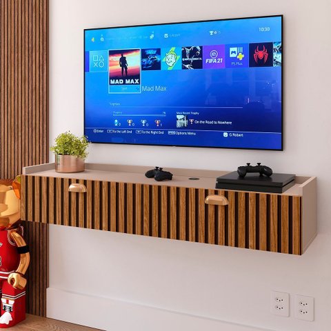 Rack Suspenso 1.20 Home Tv 42" Bancada Flutuante 2 Porta Puxador Concha Sala Quarto Fendi/ripado