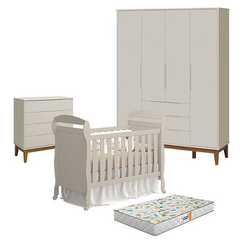 Quarto de Bebê 4 Portas com Cômoda Gaveteiro Elfe Classic e Berço Americano Danny Areia Acetinado