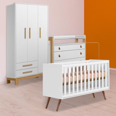 Conjunto Berço Mini Cama Retrô, Cômoda C/nicho e Guarda Roupa Slim Branco