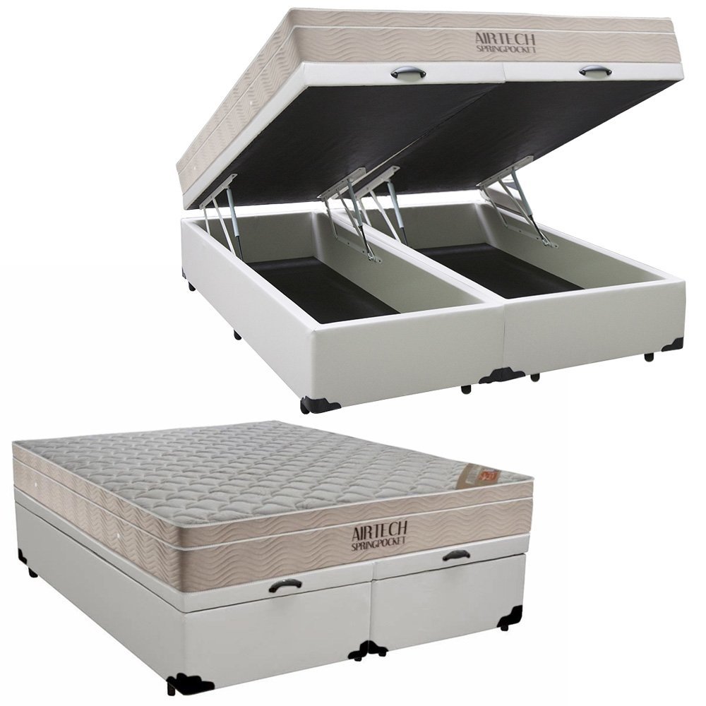 Cama Box Baú King Sintético Bipartido + Colchão Ortobom Airtech Molas Ensacadas 193x203x65 Branco