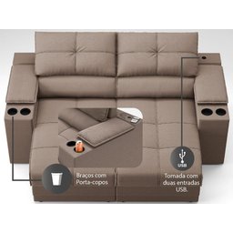 Sofá com Porta Copos e Carregador USB Retrátil e Reclinável Ringo 1,70m Velosuede Marrom - - 6