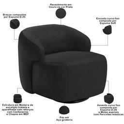 Poltrona Decorativa Orgânica Giratória para Sala Living Barolo L06 Couro Preto - Lyam Decor - 4