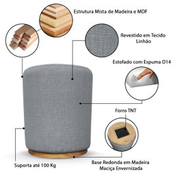 Puff Banqueta Redondo Rústico Base Madeira Elegante Linhão Cinza - Lh Móveis - 9