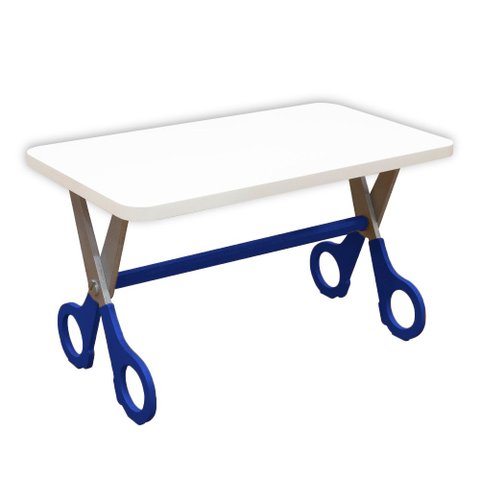 Mesa Infantil Tesoura Azul Tampo Branco Retangular Base Temática para Estudos e Desenhos Mobília Dec