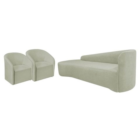 Kit Sofá Curvo França 200cm L.e e 2 Poltronas Luiza Max Conforto, Bouclé Verde Oliva