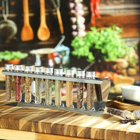 Suporte De Temperos e Ervas De Balcão-10 Tubetes Inox Escovado