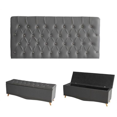 Kit Estrela Cabeceira de Cama Painel e Calçadeira Baú Botão Cristal Casal 140 Cm Suede Grafite
