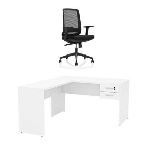 Mesa de Escritório em L 140x60cm com Gaveta + Cadeira Ergonômica Reclinável