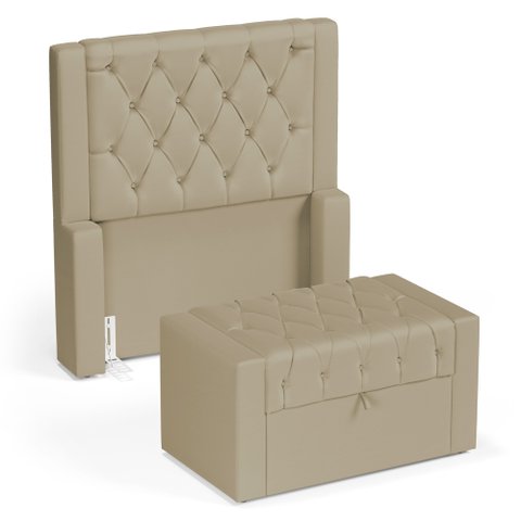 Cabeceira e Calçadeira Báu Solteiro Atena 90cm Capitonê Suede Bege - Desk Design