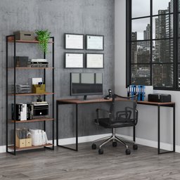 Conjunto Home Office 3 Peças Industry com Mesa em L, Estante e Cadeira Nogal/preto - Pnr Móveis - 1