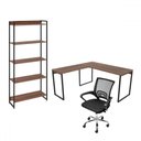 Ver imagem 2 de Conjunto Home Office 3 Peças Industry com Mesa em L, Estante e Cadeira Nogal/preto - Pnr Móveis
