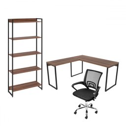 Conjunto Home Office 3 Peças Industry com Mesa em L, Estante e Cadeira Nogal/preto - Pnr Móveis - 2