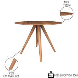 Mesa de Jantar 4 Lugares Redonda 107cm 100%MDF Grécia R02 Nogueira - Mpozenato - 3