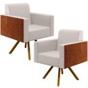Ver imagem 1 de Kit 2 Poltronas Decorativa Base Giratória De Madeira Helô L02 Linho Cru Couríssimo Camel - Lyam Deco