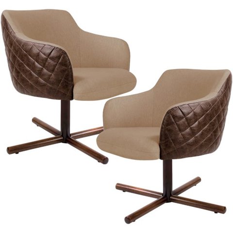 Kit 2 Poltronas Decorativa Giratória Base X Jade D02 Linho Bege C-129 Tressê Corano Marrom -