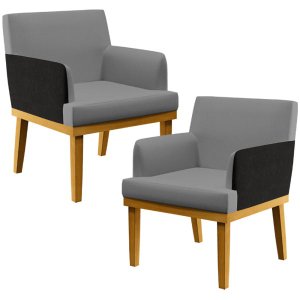 Kit 2 Poltronas Decorativas Beatriz W01 Linho Cinza Escuro Corano Preto - Lyam Decor