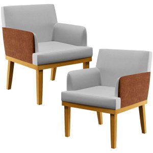 Kit 2 Poltronas Decorativas para Beatriz W01 Linho Cinza Corano Marrom - Lyam Decor