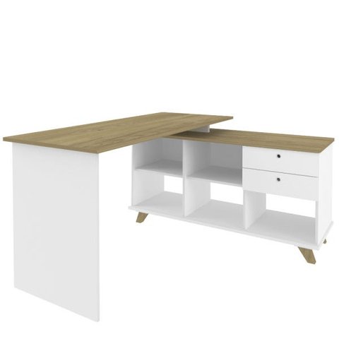 Mesa para Escritório Home Office Escrivaninha Gold A02 Branco Olmo 2 Gavetas - Lyam Decor