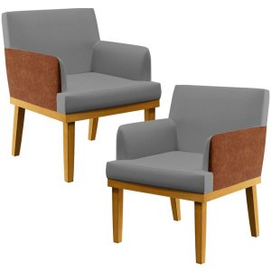 Kit 2 Poltronas Decorativas Beatriz W01 Linho Cinza Escuro Corano Marrom - Lyam