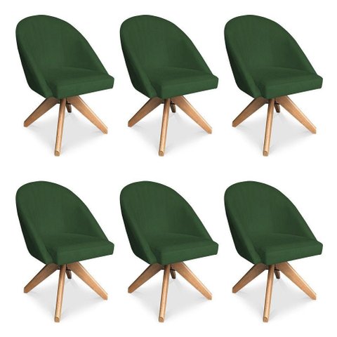 Kit 6 Poltronas Cadeira Giratória Bela Suede Base Madeira Verde Pallazio