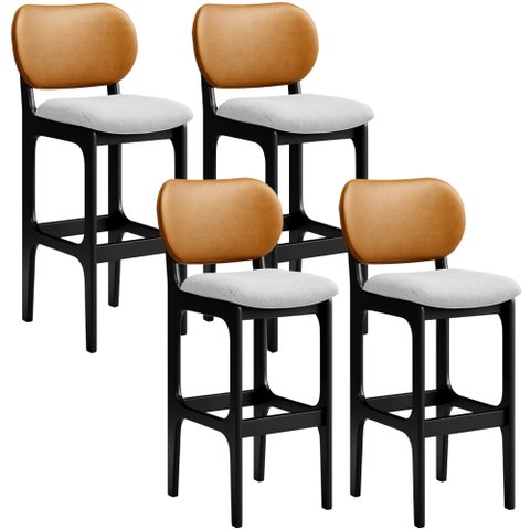 Kit 4 Banquetas Alta Bar Cozinha Jantar Betta L02 Preto Couríssimo Whisky Linho Cinza - Lyam Decor