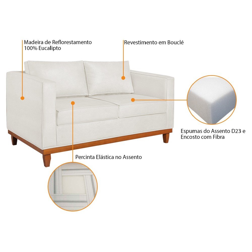 Kit Sofá 2 e 3 Lugares 180cm Europa Bouclé Branco - Amarena Móveis - 5