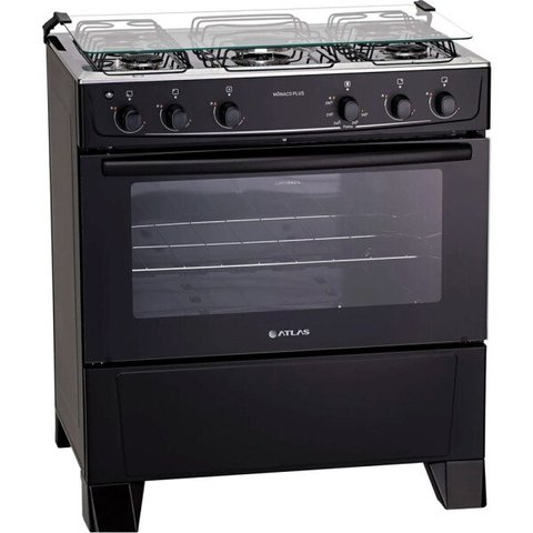 Fogão 5 Bocas Preto com Mesa Inox Atlas Mônaco Plus Bivolt