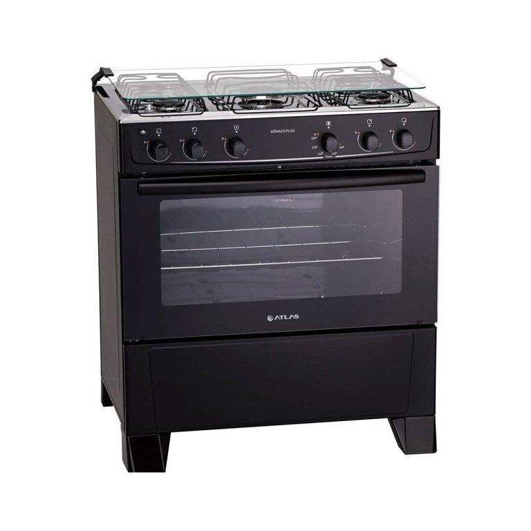 Fogão 5 Bocas Preto com Mesa Inox Atlas Mônaco Plus Bivolt