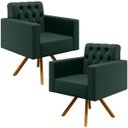 Ver imagem 1 de Kit 2 Poltronas Giratórias Base de Madeira Manu L02 Capitonê Linho Verde Musgo - Lyam Decor