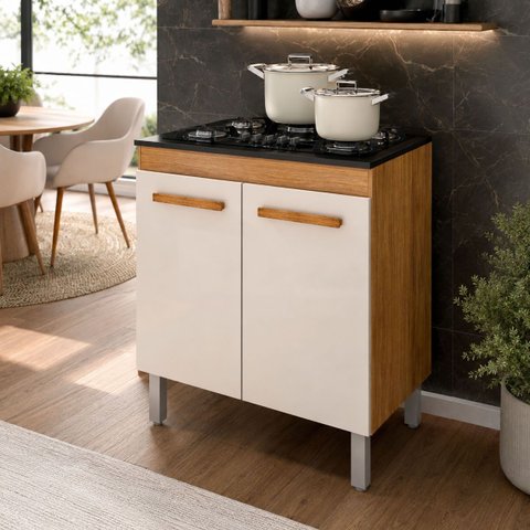 Balcão 75,5cm para Cooktop 5 Bocas Cor Freijó Off-White Pés Reguláveis Prateleira 2 Portas