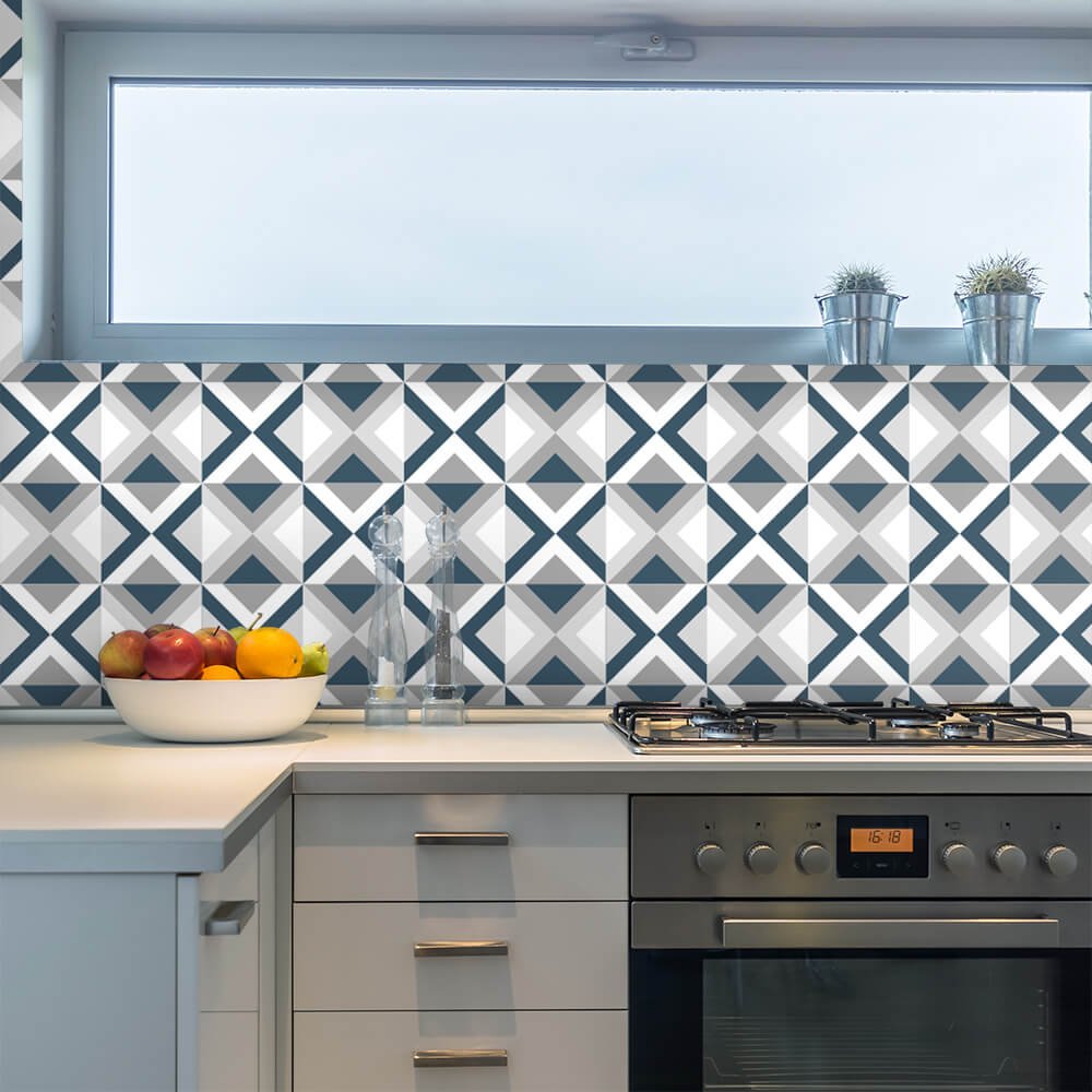 Adesivo de Azulejo Geométrico Azul e Cinza Arte Destaque