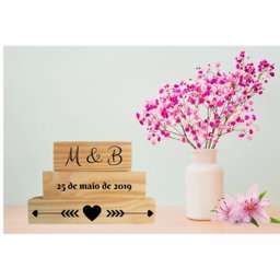 Trio - Data de namoro, casamento e iniciais do casal - em Madeira pinus - 2