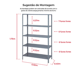 Estante Multiuso 40cm - 5 Bandejas - 22kg por Prateleira - Cinza - 2