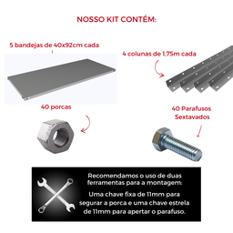 Estante Multiuso 40cm - 5 Bandejas - 22kg por Prateleira - Cinza - 3
