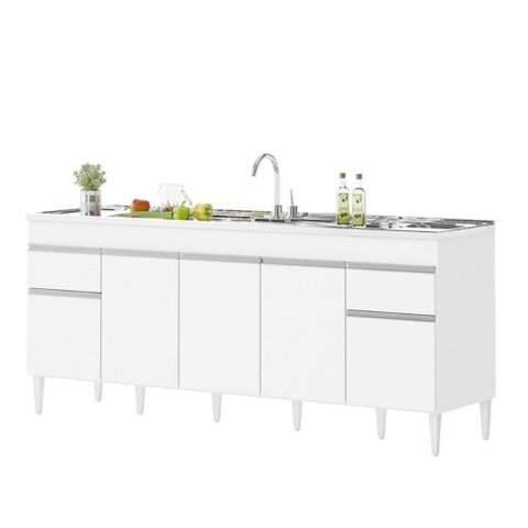 Balcão Natal 5 Portas 2 Gavetas MDF-MDP 196cm Branco Milani Movelaria