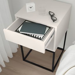 Mesa de Cabeceira Industrial Pé de Aço 1 Gaveta Corrediça Telescópica 1 Nicho - Off White/pé Preto - 9