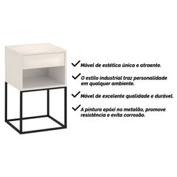 Mesa de Cabeceira Industrial Pé de Aço 1 Gaveta Corrediça Telescópica 1 Nicho - Off White/pé Preto - 7