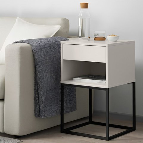 Mesa de Cabeceira Industrial Pé de Aço 1 Gaveta Corrediça Telescópica 1 Nicho - Off White/pé Preto