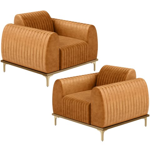 Kit 02 Poltronas Decorativa Base de Madeira Castanho e Pés Metalizado D'ouro Molino D02 Couríssimo W