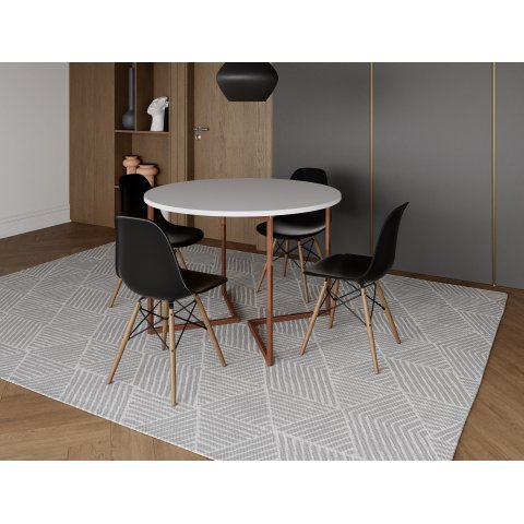 Mesa Industrial Base Ferro Cobre em V Tampo 110cm Branco 4 Cadeiras Eames Madeira Assento Preto