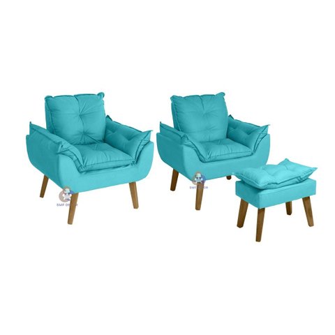 Kit 02 Poltrona/cadeira Decorativa e Puff Glamour Azul Turquesa com Pés Quadrado Azul Turquesa