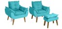 Ver imagem 1 de Kit 02 Poltrona/cadeira Decorativa e Puff Glamour Azul Turquesa com Pés Quadrado Azul Turquesa