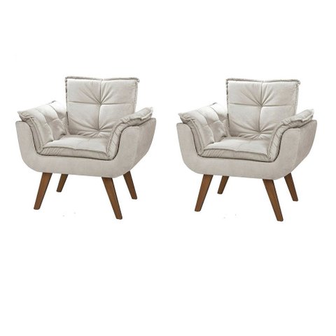 Kit 2 Poltrona Decorativa Gran Opala Suede Creme para Sala de Estar Luxo Escritório Quarto