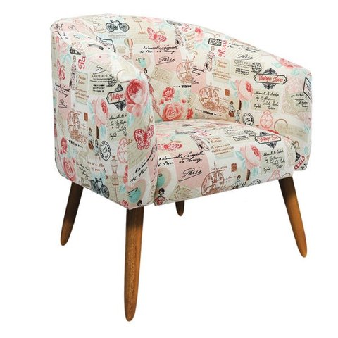 Poltrona Stella Estampado Retrô Rosa D61 Pés Palito Castanho - D'Rossi