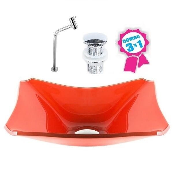 CUBA DE VIDRO RETANGULAR CHANFRADA 37CM VERMELHO FERRARI + VÁLVULA CLICK + TORNEIRA - 2