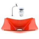 Ver imagem 1 de CUBA DE VIDRO RETANGULAR CHANFRADA 37CM VERMELHO FERRARI + VÁLVULA CLICK + TORNEIRA