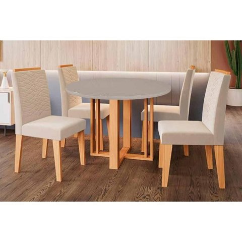 Conjunto: Mesa Sala Jantar Flora Tampo Madeirado C/ Vidro 109cm e 4 Cadeiras Clarice Cinamomo/off